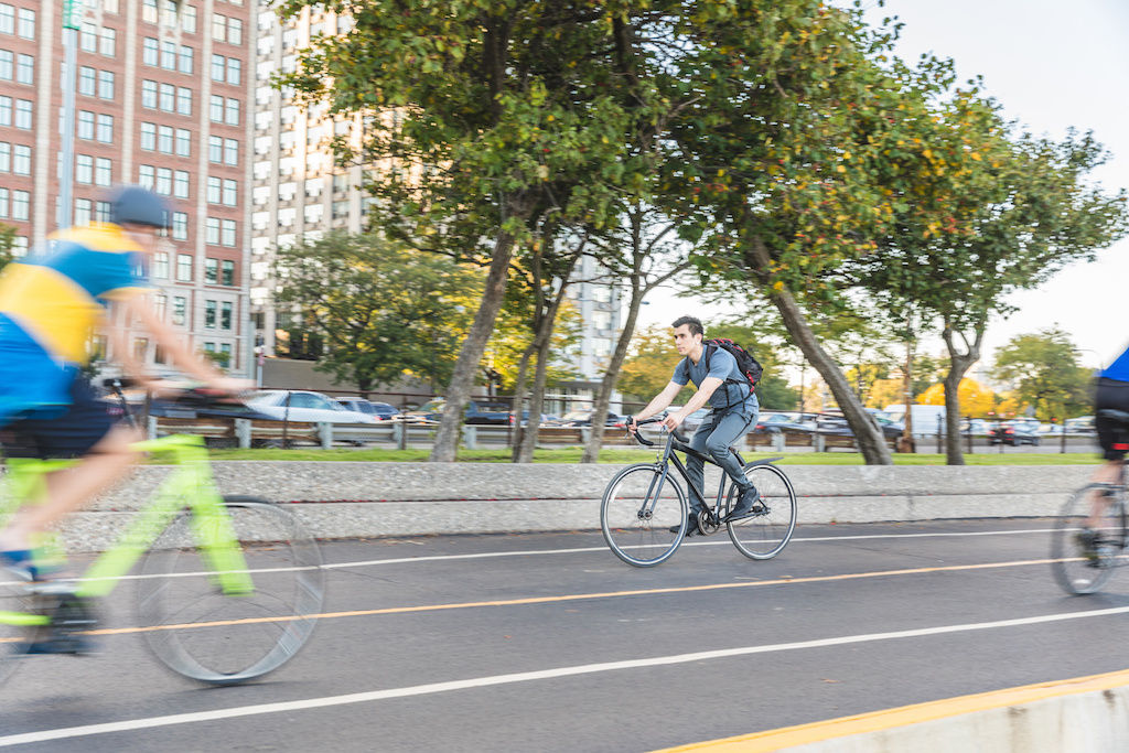 Bicyclist on main Chicago street